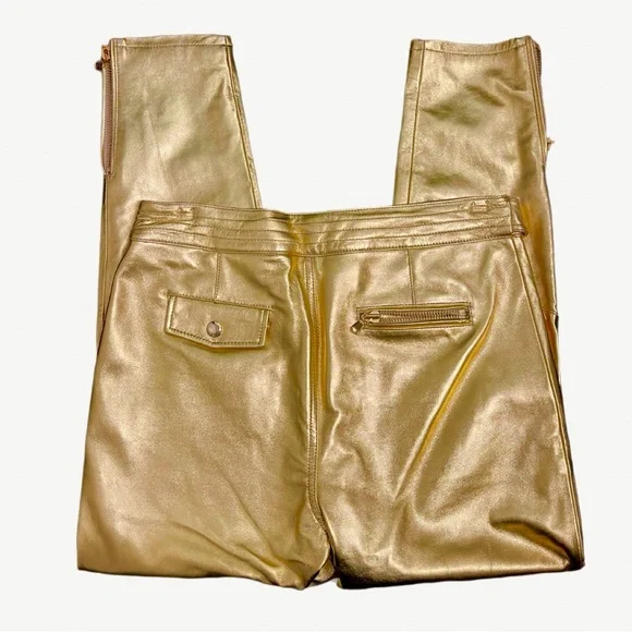 H&Moschino Gold Calf Leather Women's Pants Rare COLLAB - Picture 6 of 16